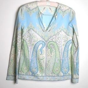 Elie Tahari 100% Cotton Paisley Print top, Colors - Light Turquoise & Cream, XS